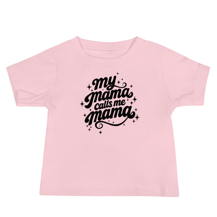 My Mama Calls Me Mama short sleeve baby tee in pink, front view, Arab family gift by BOSA
