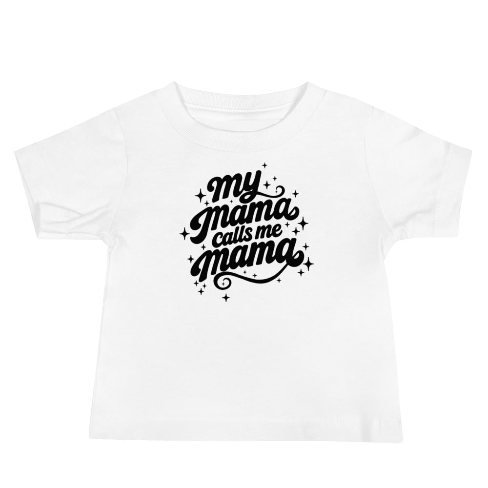 My Mama Calls Me Mama short sleeve baby tee in white, front view, Arab family gift by BOSA