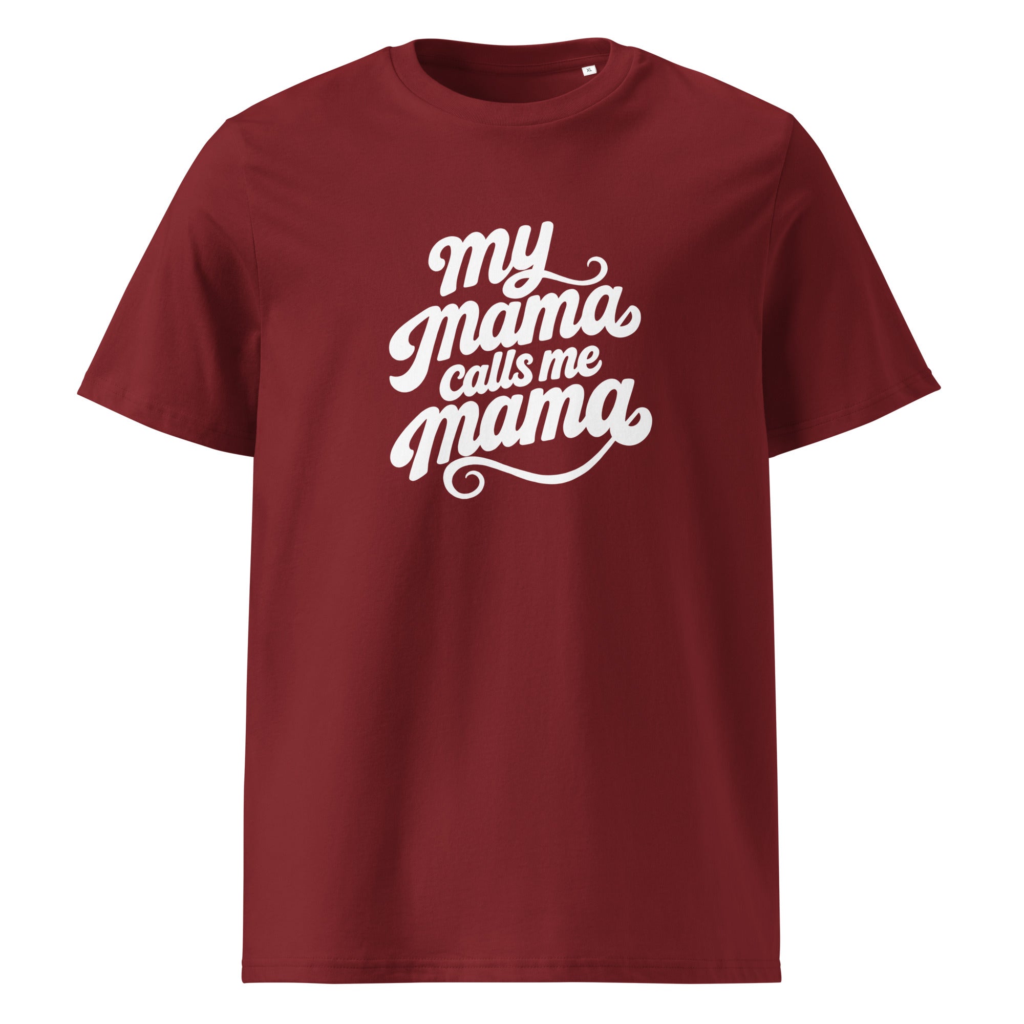 My Mama Calls Me Mama unisex cotton t-shirt in burgundy, front view, Arab mom slogan apparel by BOSA