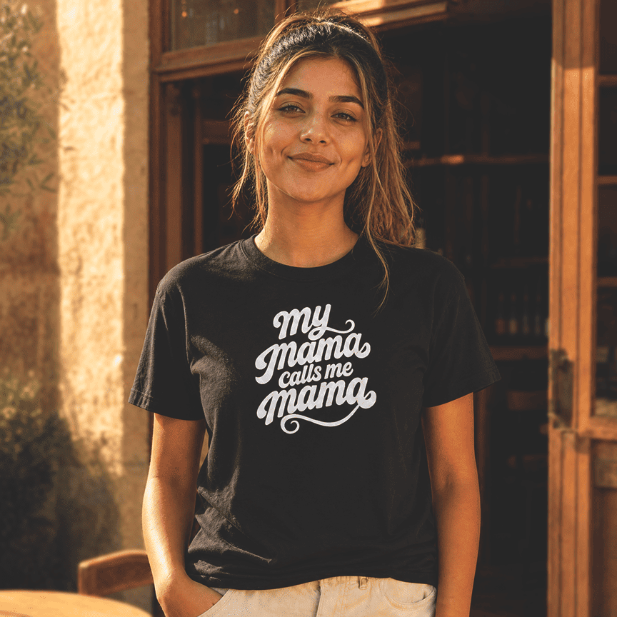 Woman wearing My Mama Calls Me Mama unisex cotton t-shirt, Arab mom slogan apparel by BOSA