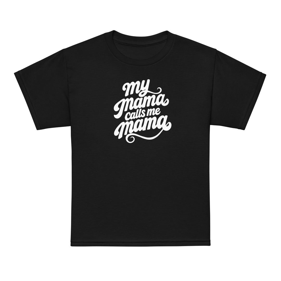 My Mama Calls Me Mama youth t-shirt in black, front view, Arab family kids clothing by BOSA
