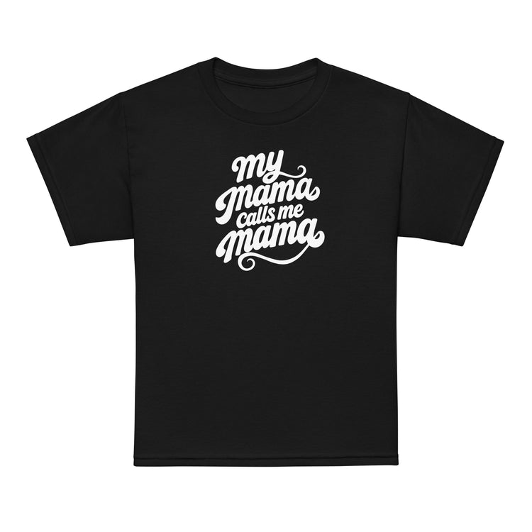 My Mama Calls Me Mama youth t-shirt in black, front view, Arab family kids clothing by BOSA