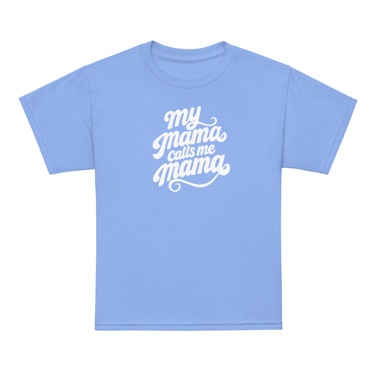 My Mama Calls Me Mama youth t-shirt in Carolina blue, front view, Arab family kids clothing by BOSA