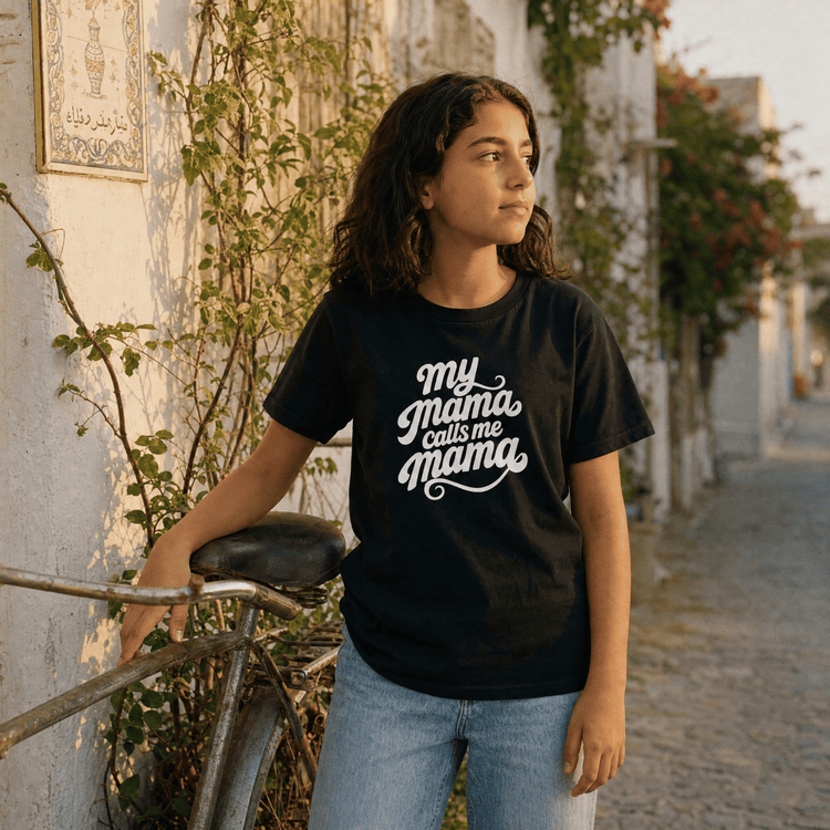 Child wearing My Mama Calls Me Mama youth t-shirt, Arab family kids clothing by BOSA