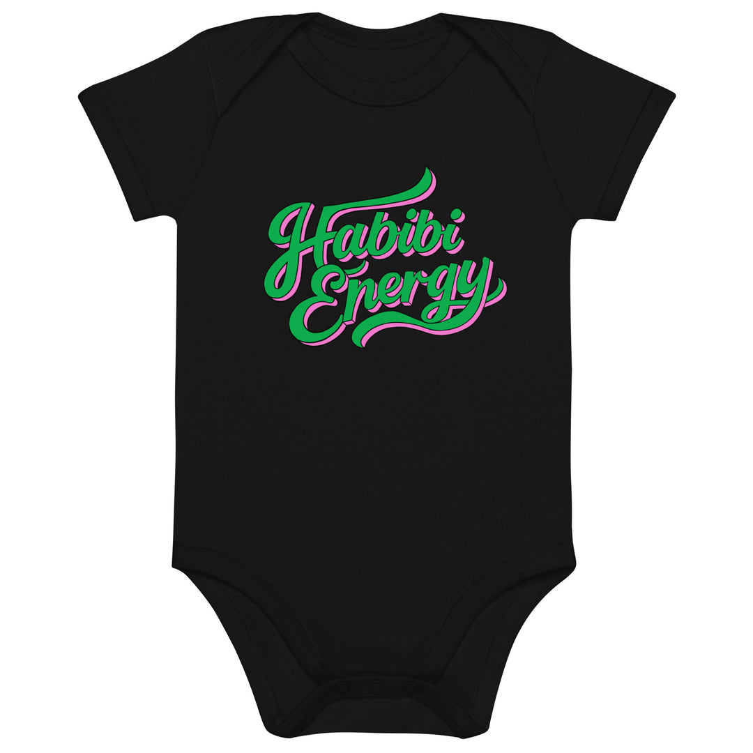 Habibi Energy organic cotton baby bodysuit in black, front view, Arabic slogan baby clothing by BOSA