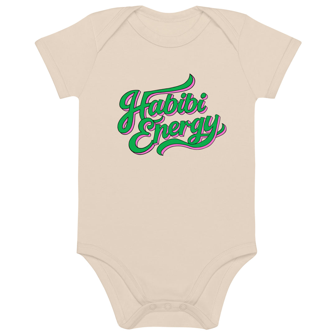 Habibi Energy organic cotton baby bodysuit in organic natural, front view, Arabic slogan baby clothing by BOSA