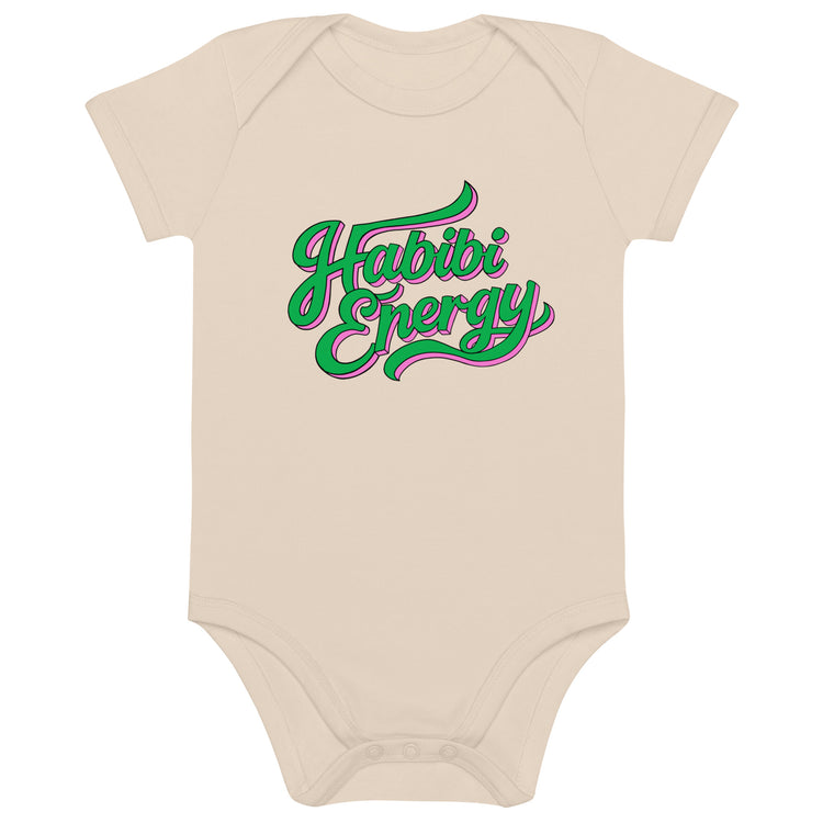 Habibi Energy organic cotton baby bodysuit in organic natural, front view, Arabic slogan baby clothing by BOSA