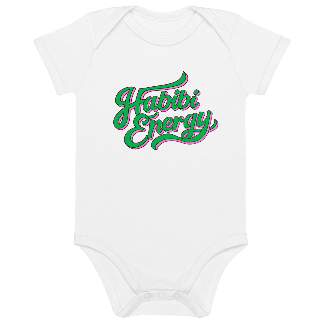 Habibi Energy organic cotton baby bodysuit in white, front view, Arabic slogan baby clothing by BOSA