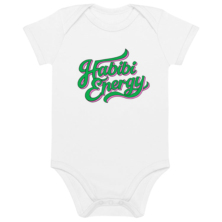 Habibi Energy organic cotton baby bodysuit in white, front view, Arabic slogan baby clothing by BOSA