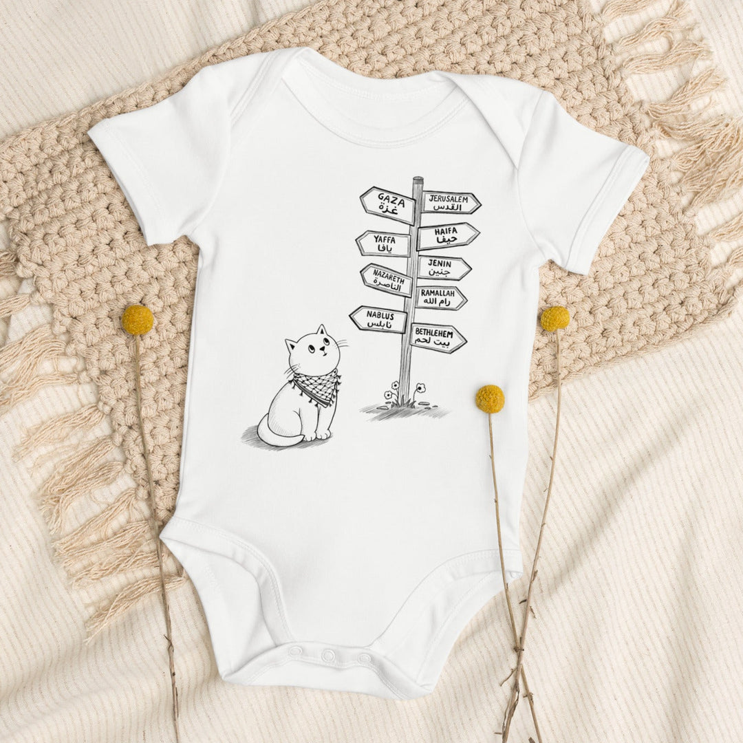 Pali Cat organic cotton onesie in white, front view, Palestinian kuffiyeh cat design by BOSA