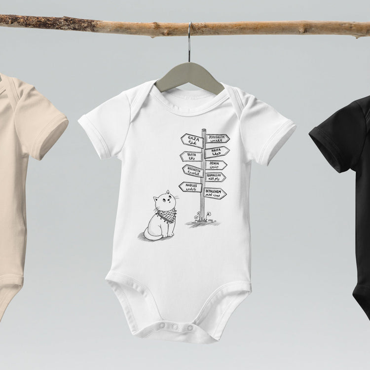 Pali Cat organic cotton onesie in white, front view, Palestinian kuffiyeh cat design by BOSA