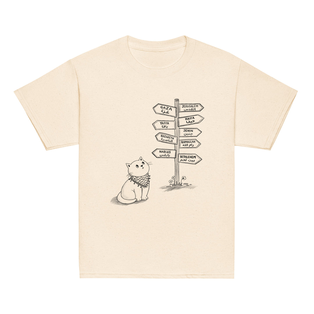 Pali Cat classic youth tee in beige, front view, Palestinian kuffiyeh cat design by BOSA