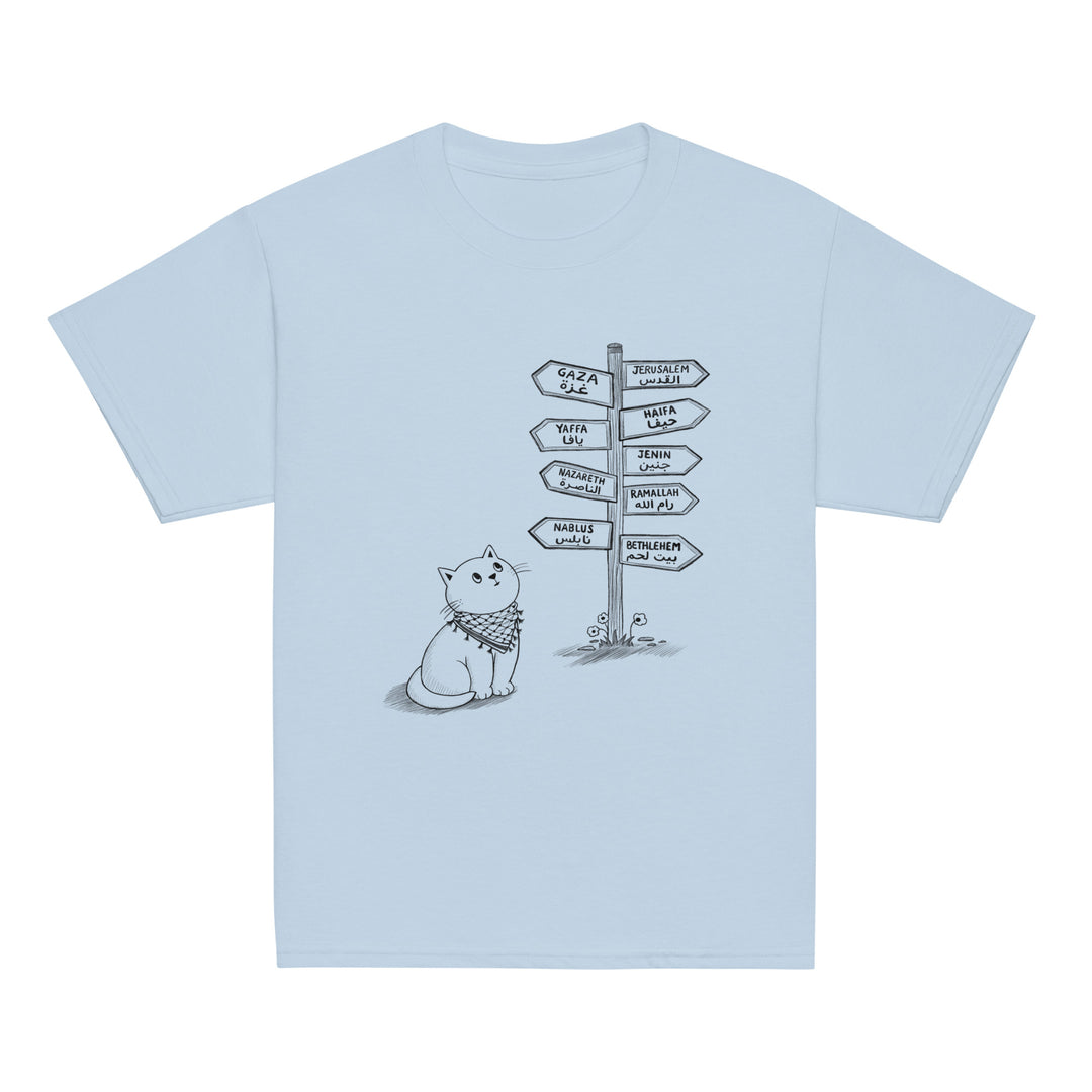 Pali Cat classic youth tee in light blue, front view, Palestinian kuffiyeh cat design by BOSA