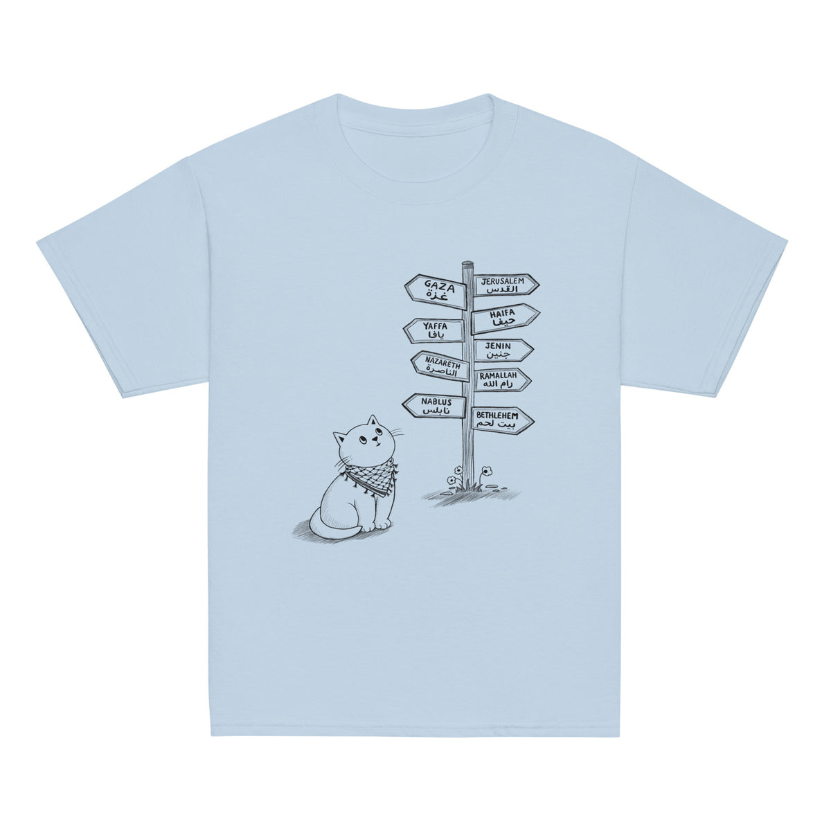 Pali Cat classic youth tee in light blue, front view, Palestinian kuffiyeh cat design by BOSA