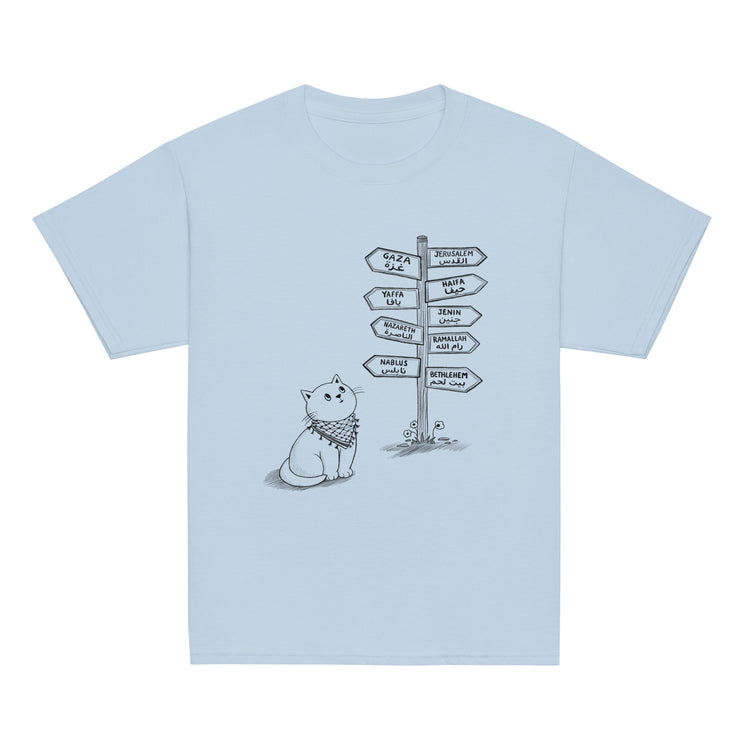 Pali Cat classic youth tee in light blue, front view, Palestinian kuffiyeh cat design by BOSA