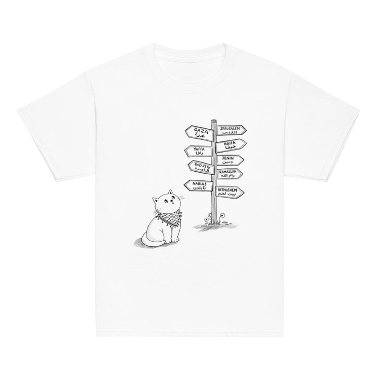 Pali Cat classic youth tee in white, front view, Palestinian kuffiyeh cat design by BOSA