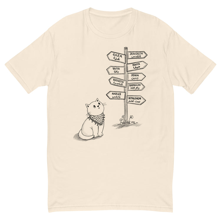 Pali Cat form fitting short sleeve t-shirt in beige, front view, Palestinian kuffiyeh cat design by BOSA