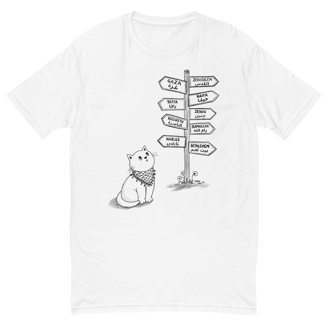 Pali Cat form fitting short sleeve t-shirt in white, front view, Palestinian kuffiyeh cat design by BOSA
