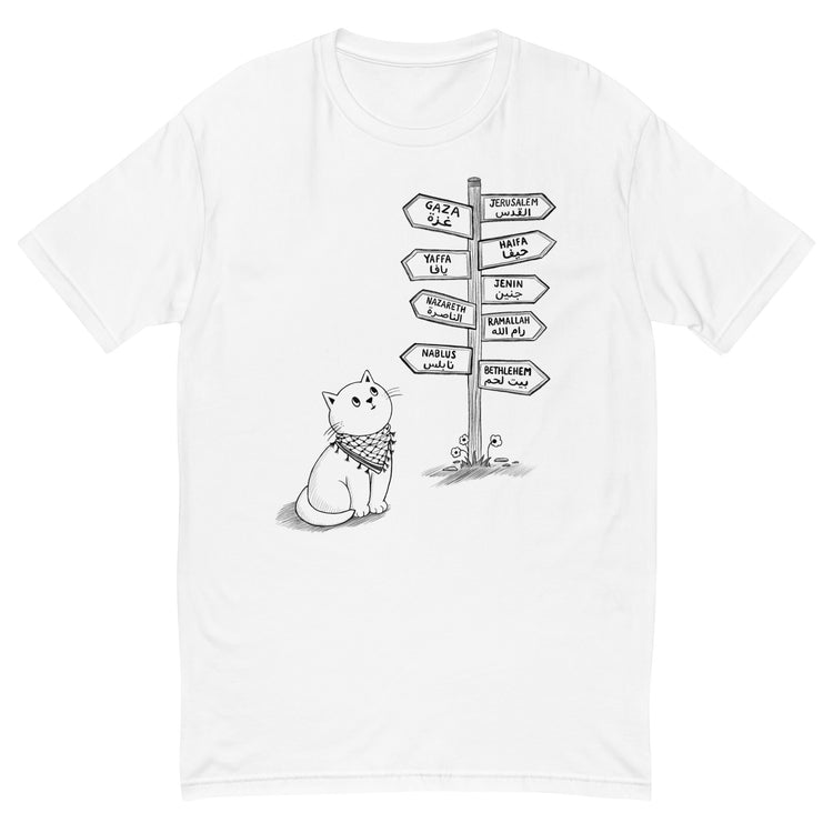 Pali Cat form fitting short sleeve t-shirt in white, front view, Palestinian kuffiyeh cat design by BOSA