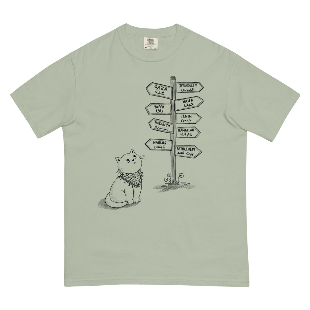 Pali Cat relaxed fit heavyweight t-shirt in bay, front view, Palestinian kuffiyeh cat design by BOSA