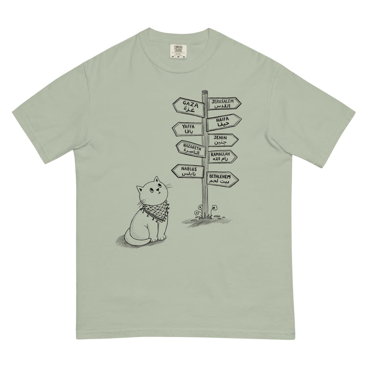 Pali Cat relaxed fit heavyweight t-shirt in bay, front view, Palestinian kuffiyeh cat design by BOSA