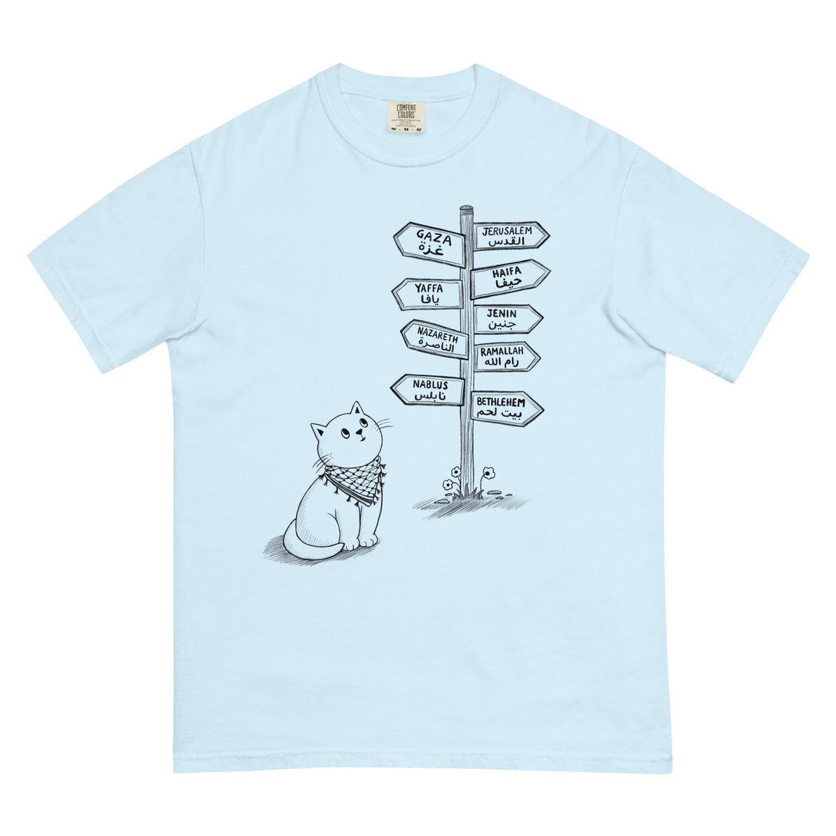 Pali Cat relaxed fit heavyweight t-shirt in chambray, front view, Palestinian kuffiyeh cat design by BOSA
