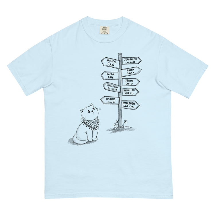 Pali Cat relaxed fit heavyweight t-shirt in chambray, front view, Palestinian kuffiyeh cat design by BOSA