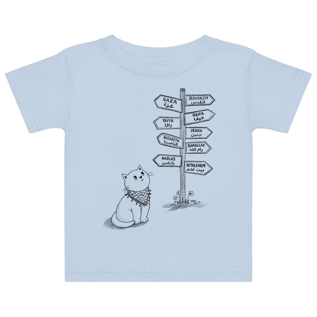 Pali Cat jersey baby t-shirt in light blue, front view, Palestinian kuffiyeh cat design by BOSA