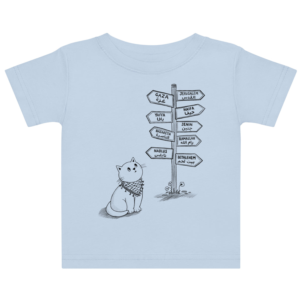 Pali Cat jersey baby t-shirt in light blue, front view, Palestinian kuffiyeh cat design by BOSA