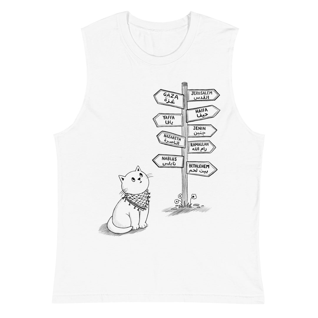 Pali Cat muscle tank top in white, front view, Palestinian kuffiyeh cat design by BOSA