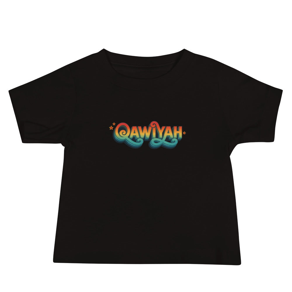 Qawiyah short sleeve baby tee in black, front view, Arabic slogan baby clothing by BOSA