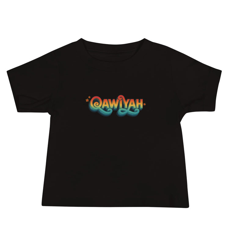 Qawiyah short sleeve baby tee in black, front view, Arabic slogan baby clothing by BOSA