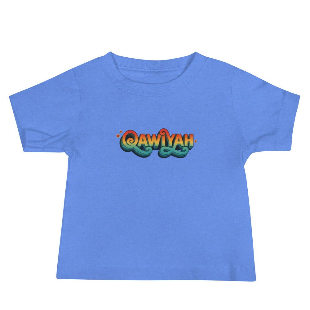 Qawiyah short sleeve baby tee in heather Columbia blue, front view, Arabic slogan baby clothing by BOSA