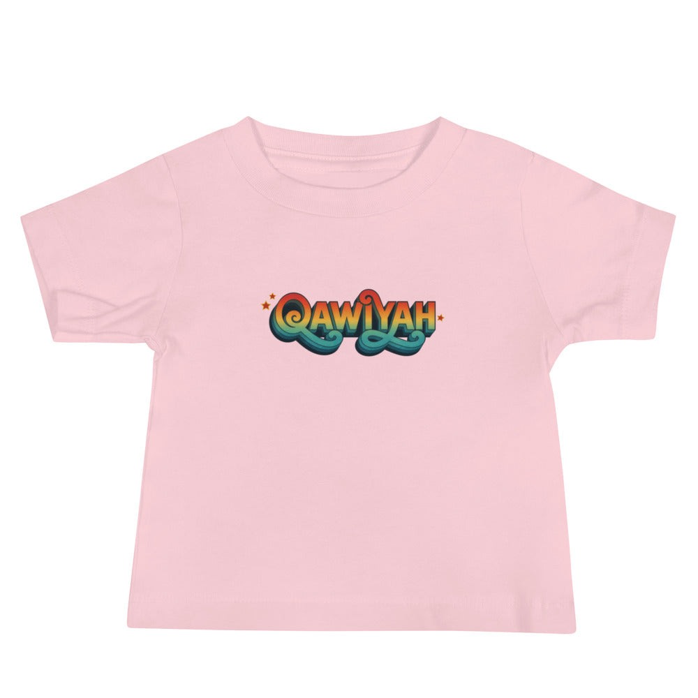 Qawiyah short sleeve baby tee in pink, front view, Arabic slogan baby clothing by BOSA