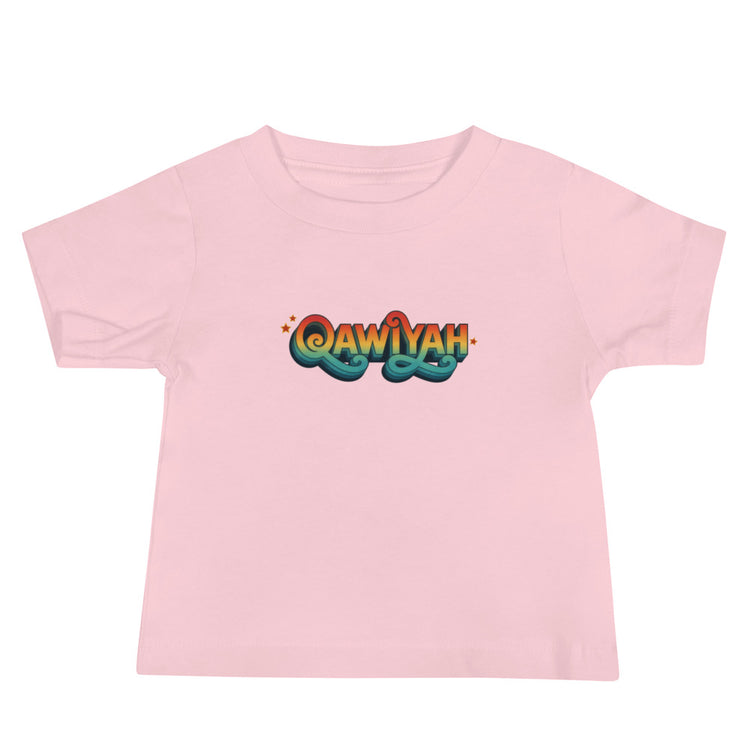 Qawiyah short sleeve baby tee in pink, front view, Arabic slogan baby clothing by BOSA