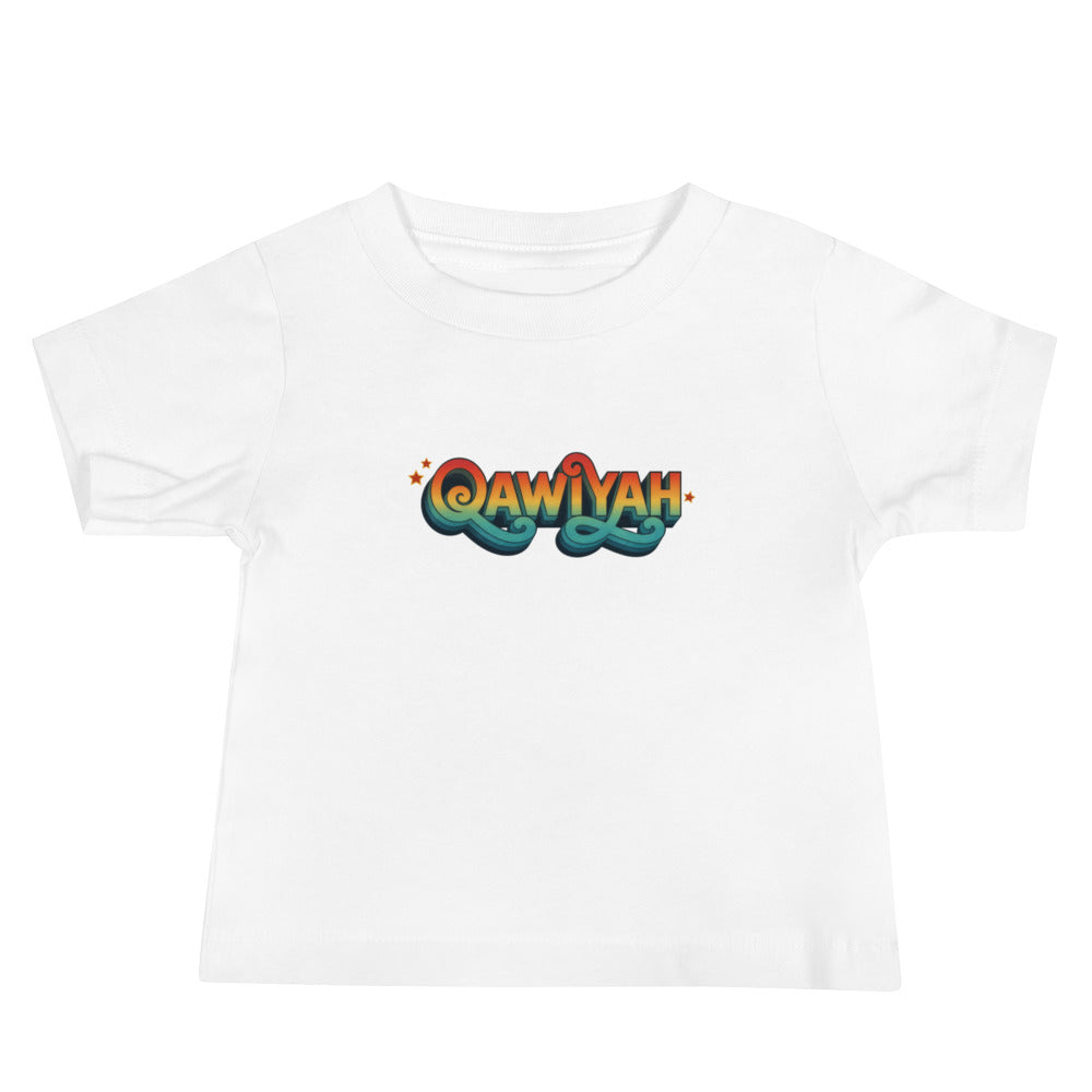 Qawiyah short sleeve baby tee in white, front view, Arabic slogan baby clothing by BOSA