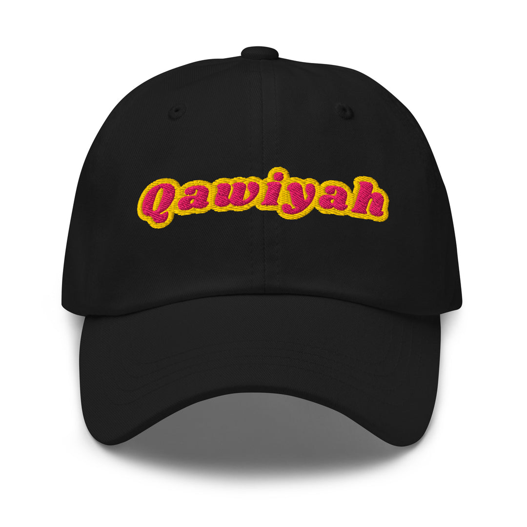 Qawiyah embroidered dad hat in black, front view, Arabic slogan cap by BOSA