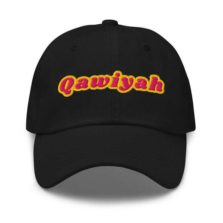Qawiyah embroidered dad hat in black, front view, Arabic slogan cap by BOSA