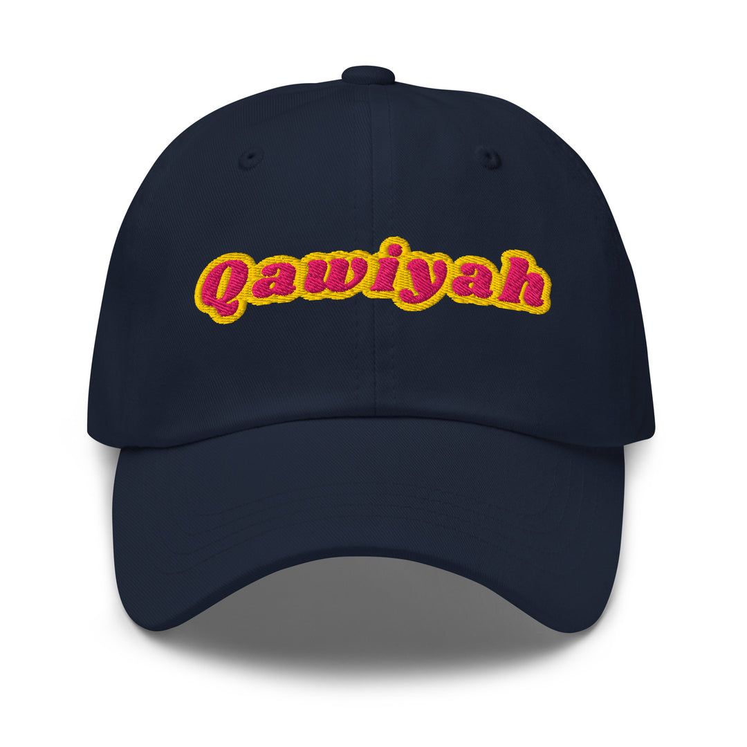 Qawiyah embroidered dad hat in navy, front view, Arabic slogan cap by BOSA
