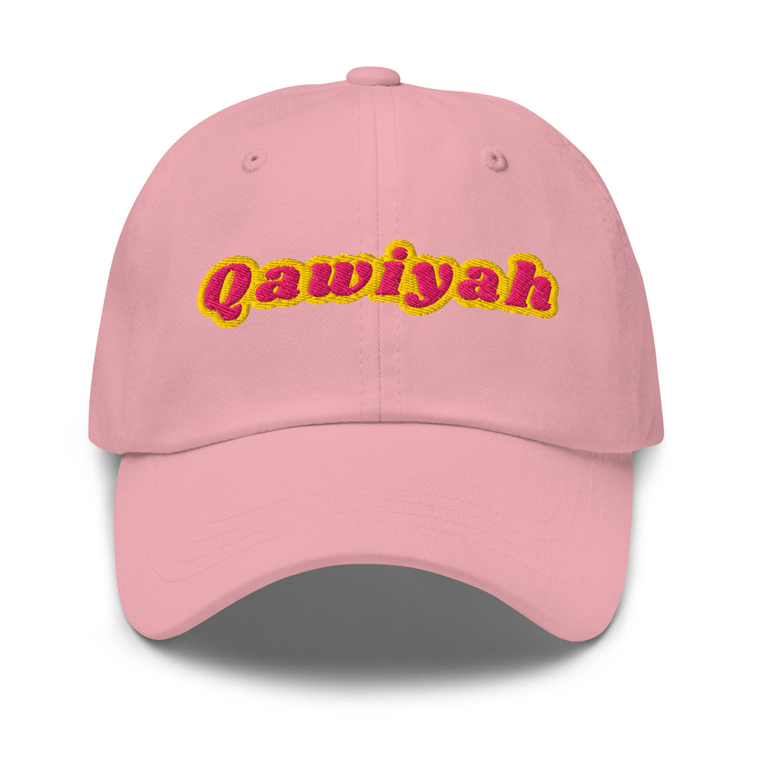 Qawiyah embroidered dad hat in pink, front view, Arabic slogan cap by BOSA