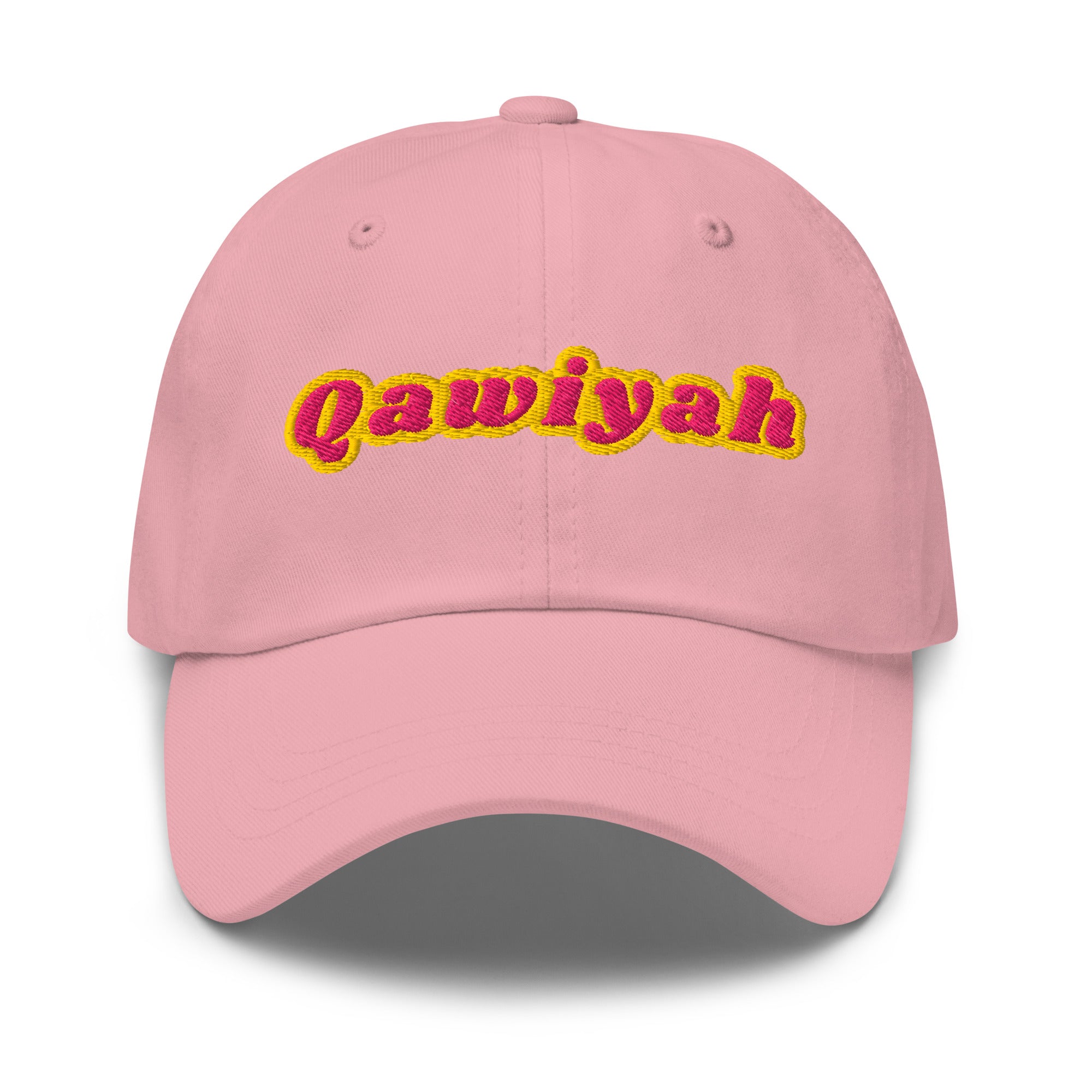 Qawiyah embroidered dad hat in pink, front view, Arabic slogan cap by BOSA