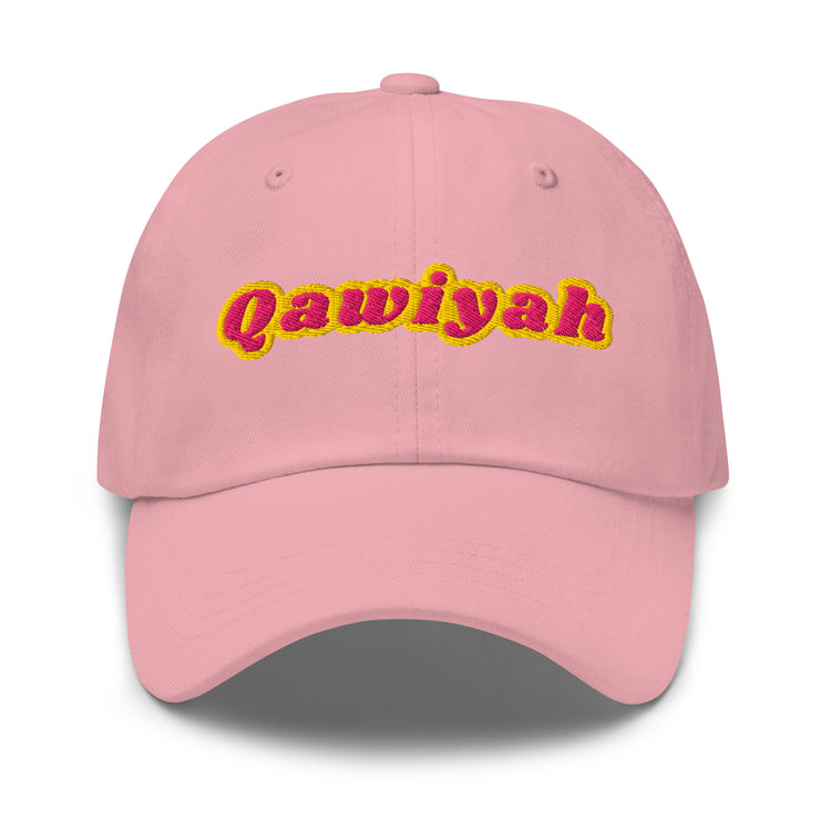 Qawiyah embroidered dad hat in pink, front view, Arabic slogan cap by BOSA