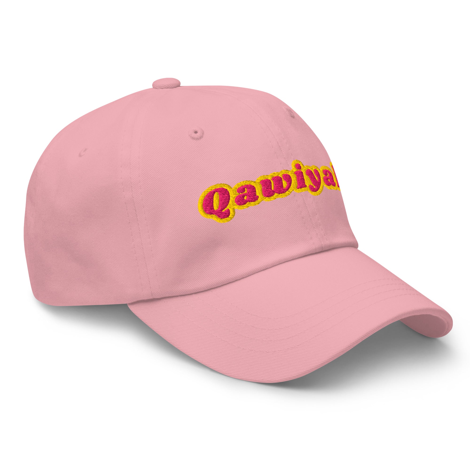 Qawiyah embroidered dad hat in pink, side angle, Arabic slogan cap by BOSA