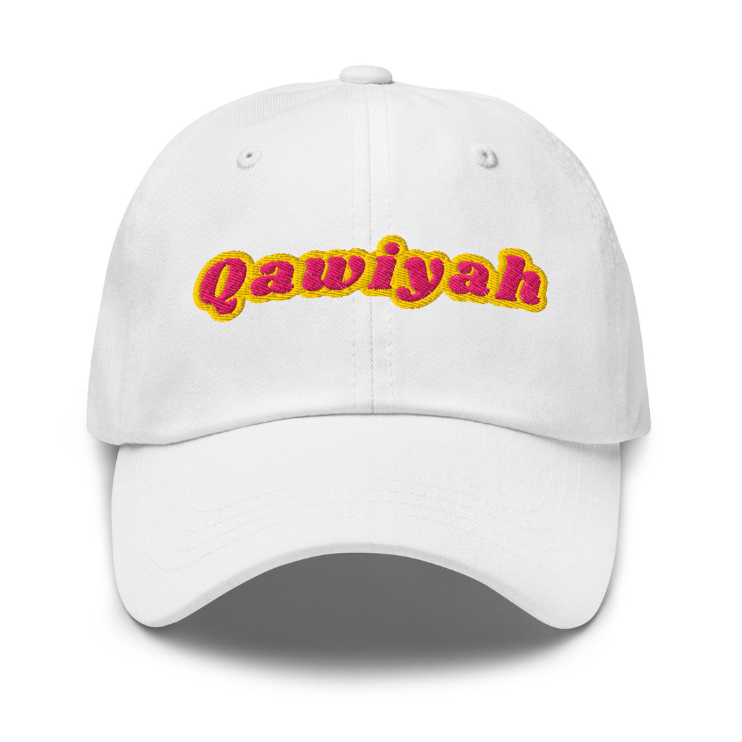 Qawiyah embroidered dad hat in white, front view, Arabic slogan cap by BOSA