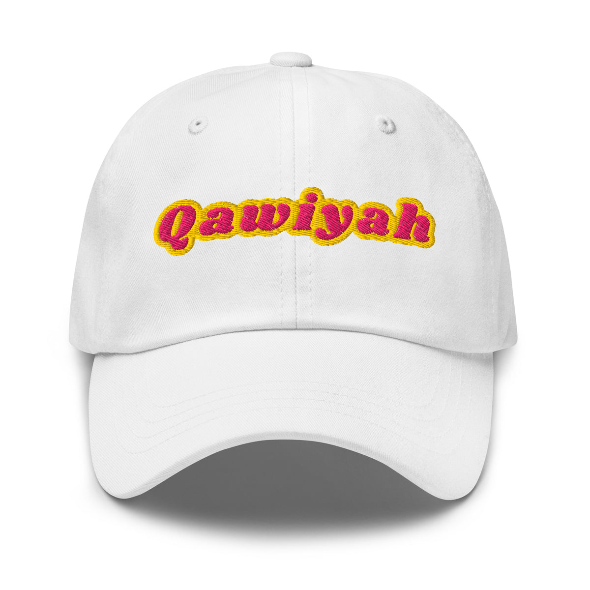 Qawiyah embroidered dad hat in white, front view, Arabic slogan cap by BOSA