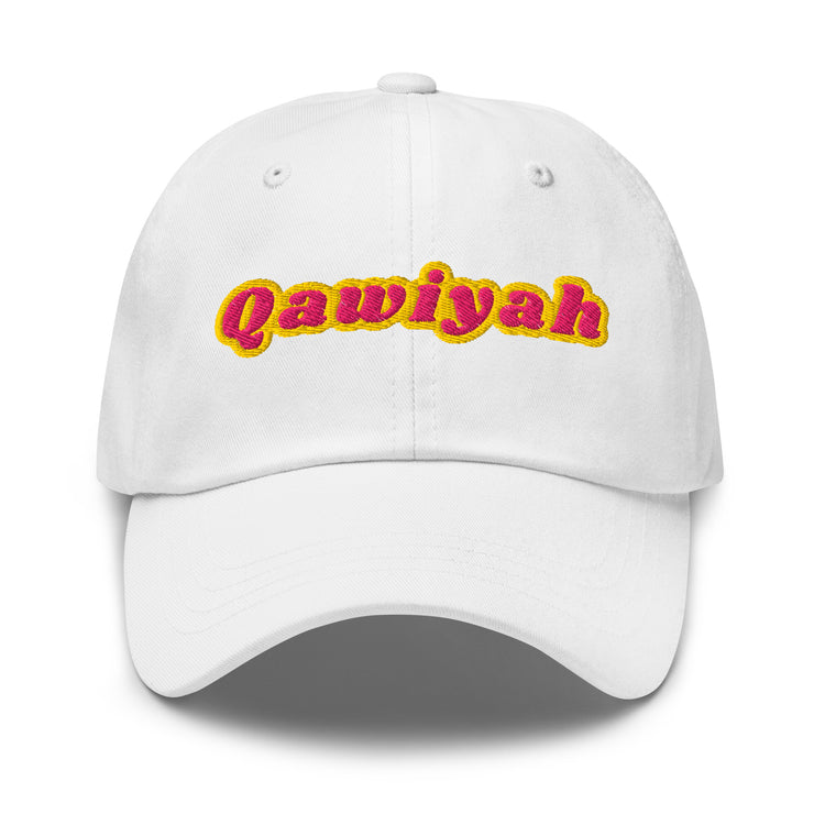 Qawiyah embroidered dad hat in white, front view, Arabic slogan cap by BOSA