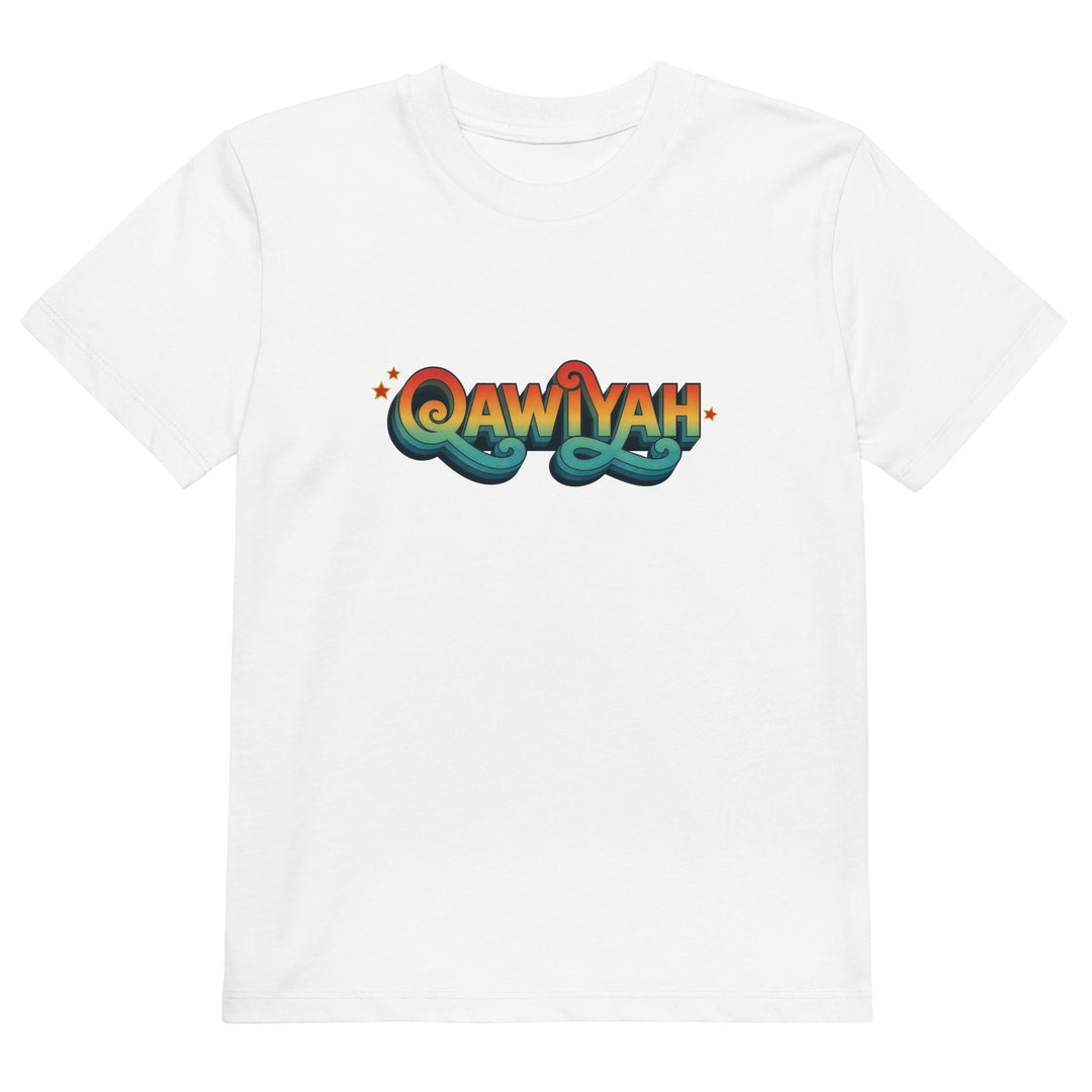 Qawiyah organic cotton kids t-shirt in white, front view, Arabic slogan kids clothing by BOSA
