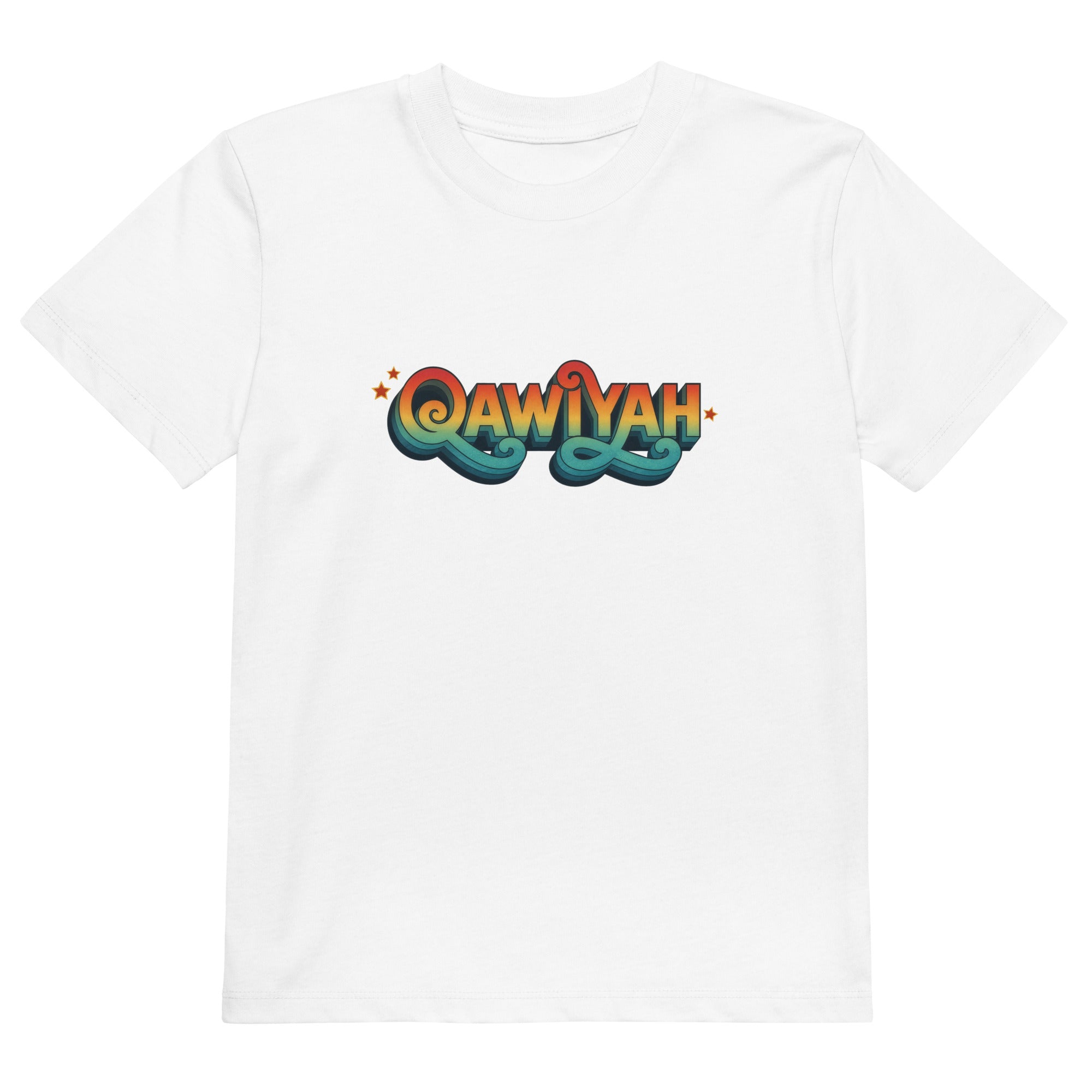 Qawiyah organic cotton kids t-shirt in white, front view, Arabic slogan kids clothing by BOSA