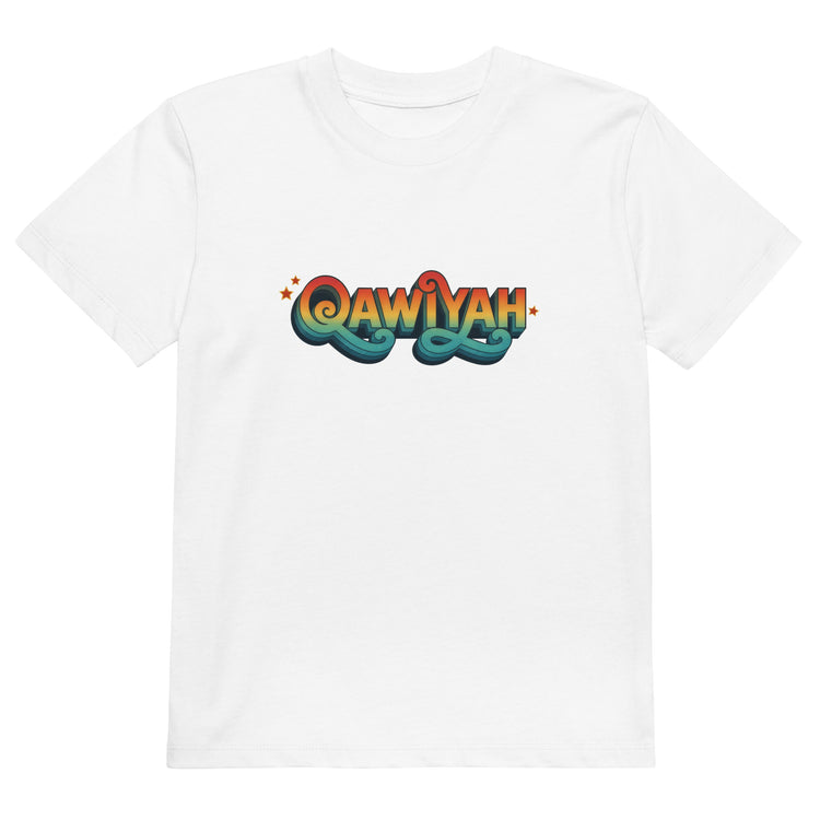 Qawiyah organic cotton kids t-shirt in white, front view, Arabic slogan kids clothing by BOSA