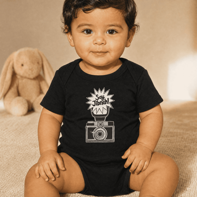 Say Jibneh organic cotton baby bodysuit, Arab food humor baby clothing by BOSA